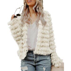 Women's Beige Inorin Faux Fur Coat Open Front Shaggy Cardigan Vintage Jacket